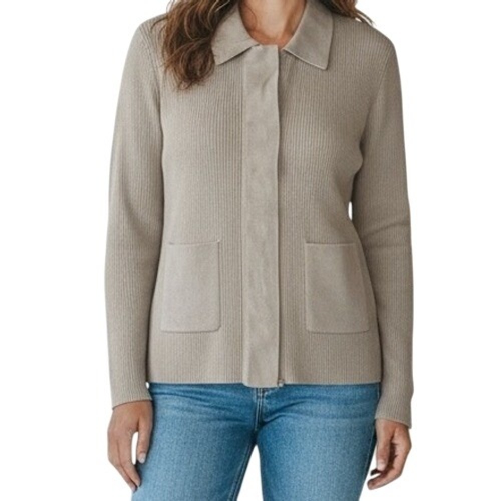 CW Womens Beige‎ Ribbed Knit Cotton Collared Zip Up Sweater Top Pockets Medium